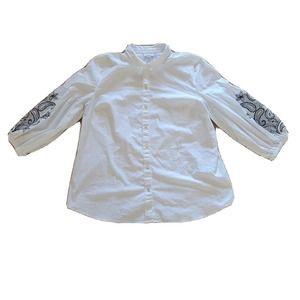 J Jill Top Shirt Womens Large White Black Embroidery Balloon Sleeve Career Basic